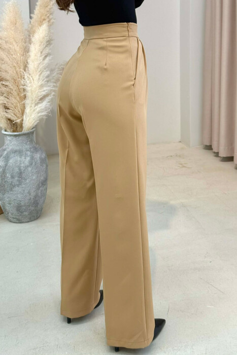 ONE COLOR SIDE ZIPPER WIDE LEG WOMAN TROUSERS BEIGE/BEZHE - 4