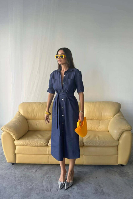 ONE COLOR SILVER BUTTON UP SHORT SLEEVE WOMEN DRESS BLUE/BLU - KLAUDIO FASHION