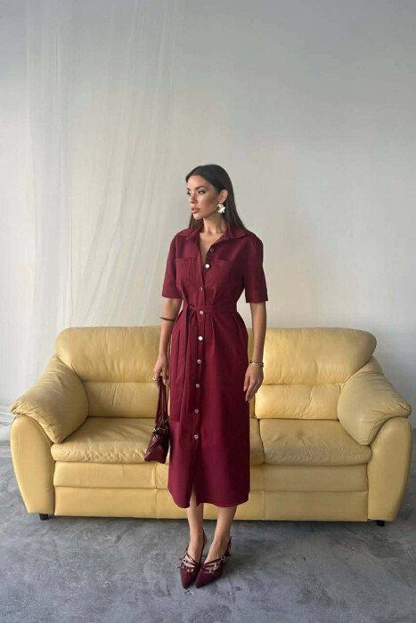 ONE COLOR SILVER BUTTON UP SHORT SLEEVE WOMEN DRESS BURGUNDY/VISHNJE - KLAUDIO FASHION