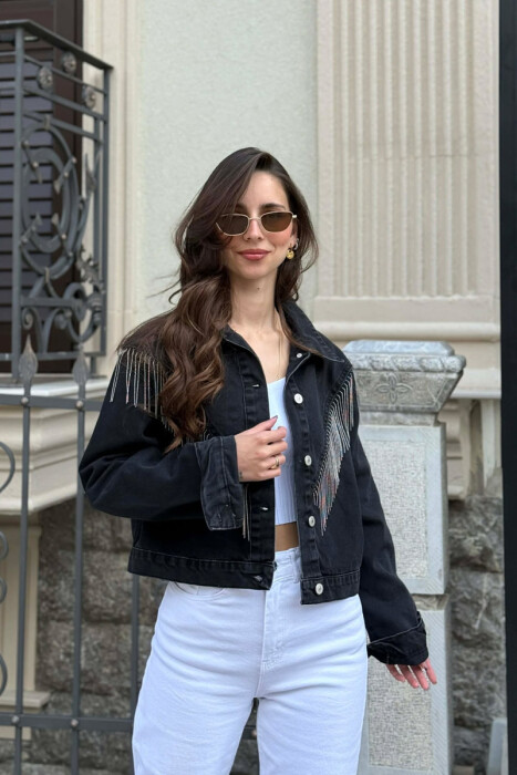 ONE COLOR SILVER DETAILS DENIM WOMEN JACKET BLACK/ E ZEZE - 2