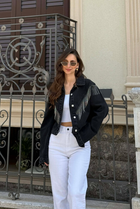 ONE COLOR SILVER DETAILS DENIM WOMEN JACKET BLACK/ E ZEZE - KLAUDIO FASHION