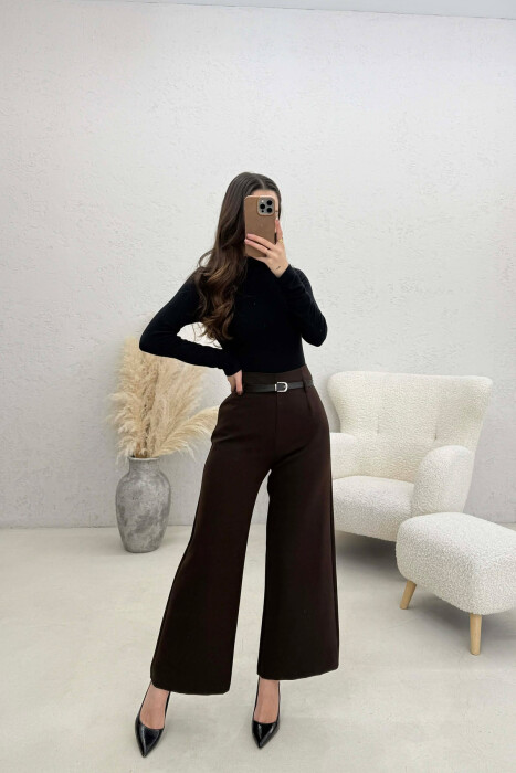 ONE COLOR SIMPLE BELT DETAIL WOMAN TROUSERS BROWN/KAFE 