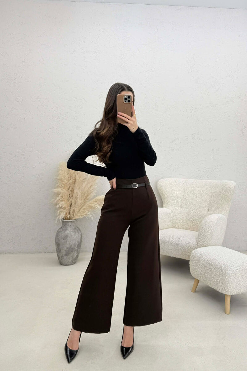 ONE COLOR SIMPLE BELT DETAIL WOMAN TROUSERS BROWN/KAFE - 1