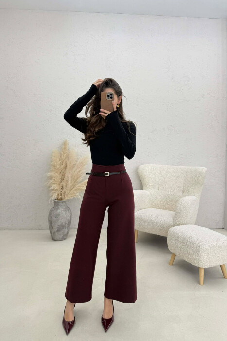 ONE COLOR SIMPLE BELT DETAIL WOMAN TROUSERS BURGUNDY/VISHNJE 