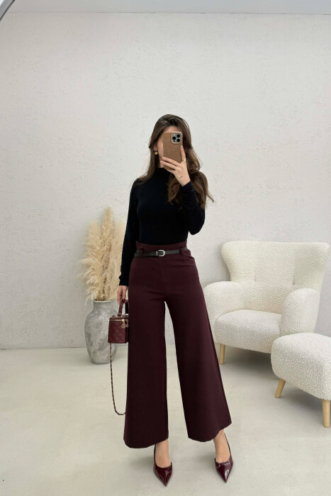 ONE COLOR SIMPLE BELT DETAIL WOMAN TROUSERS DARK BURGUNDY/VISHNJE E ERRET - 1