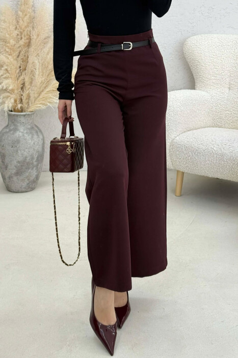 ONE COLOR SIMPLE BELT DETAIL WOMAN TROUSERS DARK BURGUNDY/VISHNJE E ERRET - 2