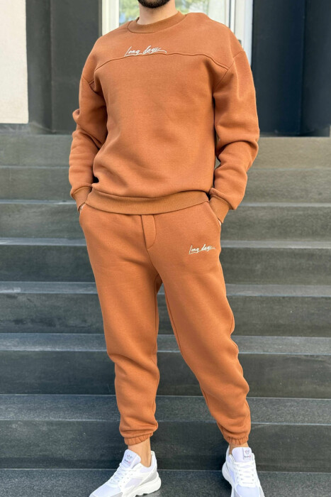 ONE COLOR SIMPLE BLOUSE+JOGGERS MEN SET BROWN/KAFE - 1