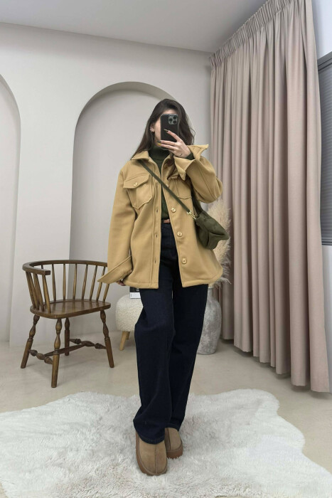 ONE COLOR SIMPLE BUTTONED WOMEN JACKET BEIGE/BEZHE - KLAUDIO FASHION