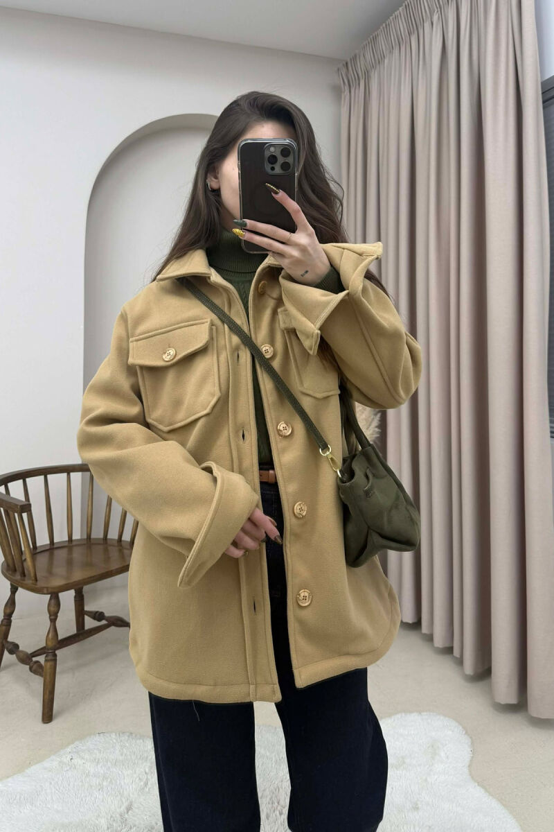 ONE COLOR SIMPLE BUTTONED WOMEN JACKET BEIGE/BEZHE - 2