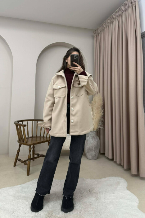 ONE COLOR SIMPLE BUTTONED WOMEN JACKET CREAM/KREM - 1