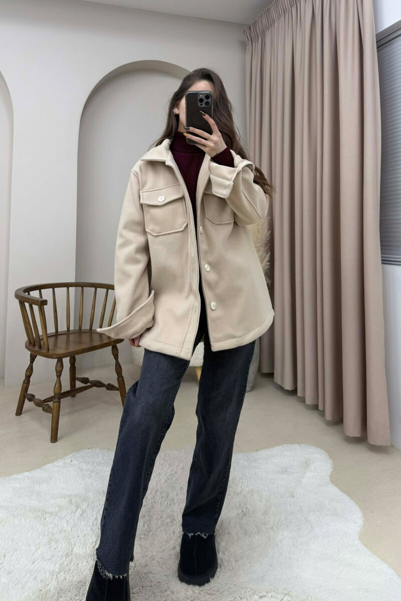 ONE COLOR SIMPLE BUTTONED WOMEN JACKET CREAM/KREM - 2