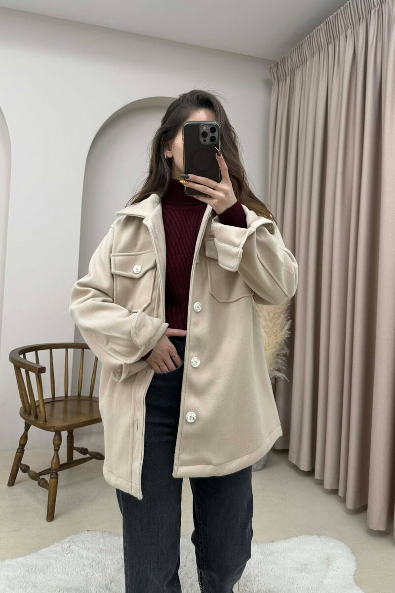 ONE COLOR SIMPLE BUTTONED WOMEN JACKET CREAM/KREM - 5