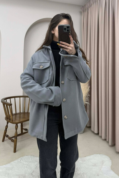 ONE COLOR SIMPLE BUTTONED WOMEN JACKET GREY/GRI - 2