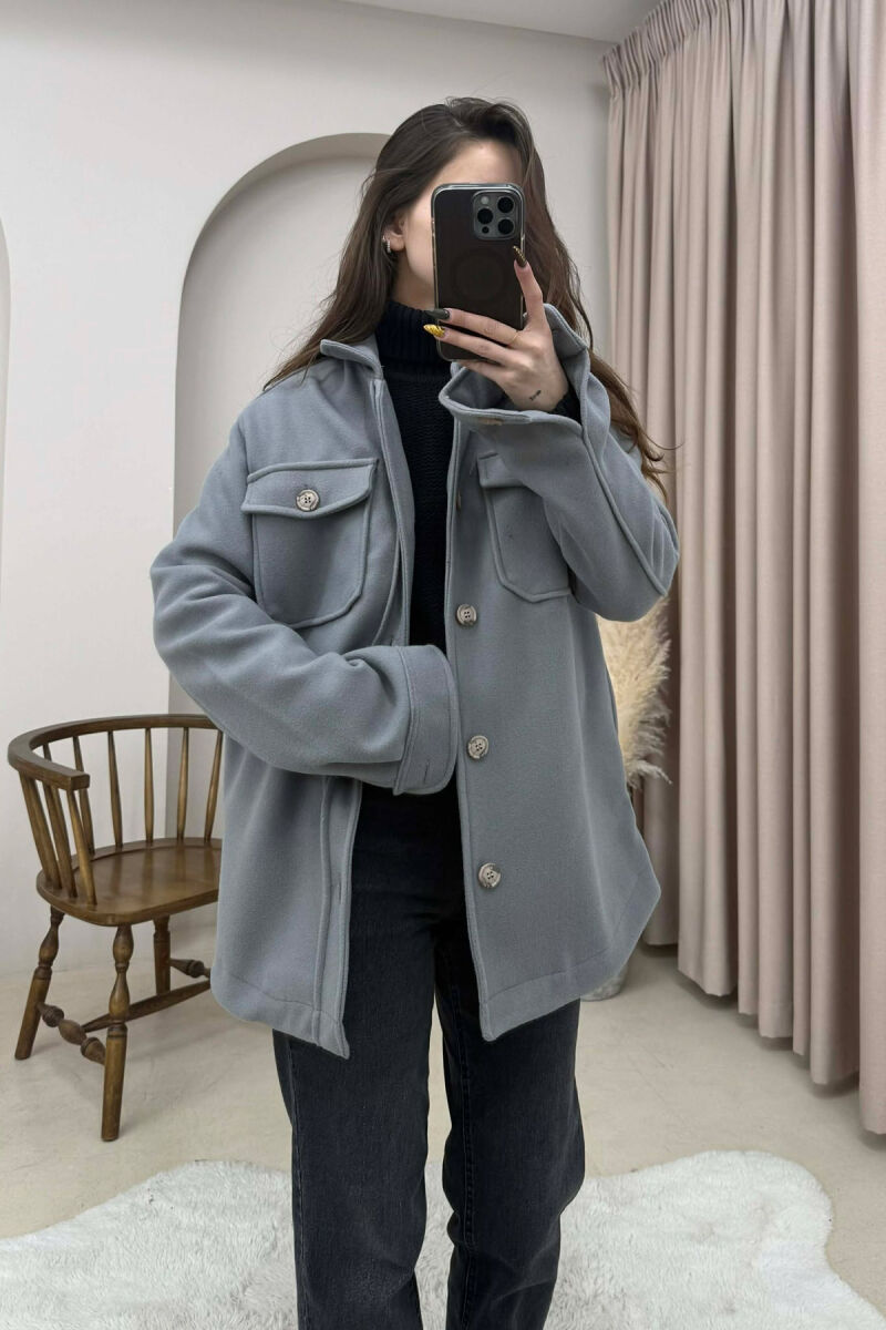 ONE COLOR SIMPLE BUTTONED WOMEN JACKET GREY/GRI - 2