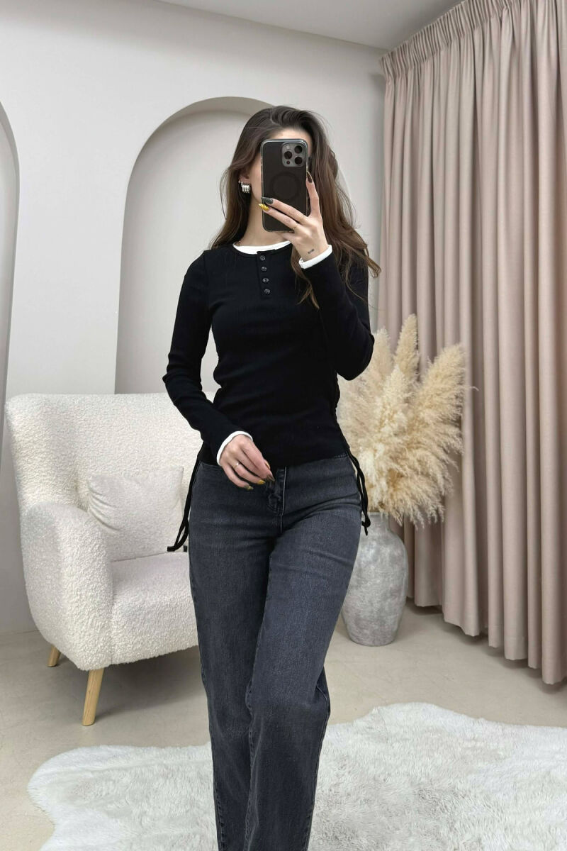 ONE COLOR SIMPLE BUTTONED NECK WOMEN SWEATSHIRT BLACK/ E ZEZE - 1