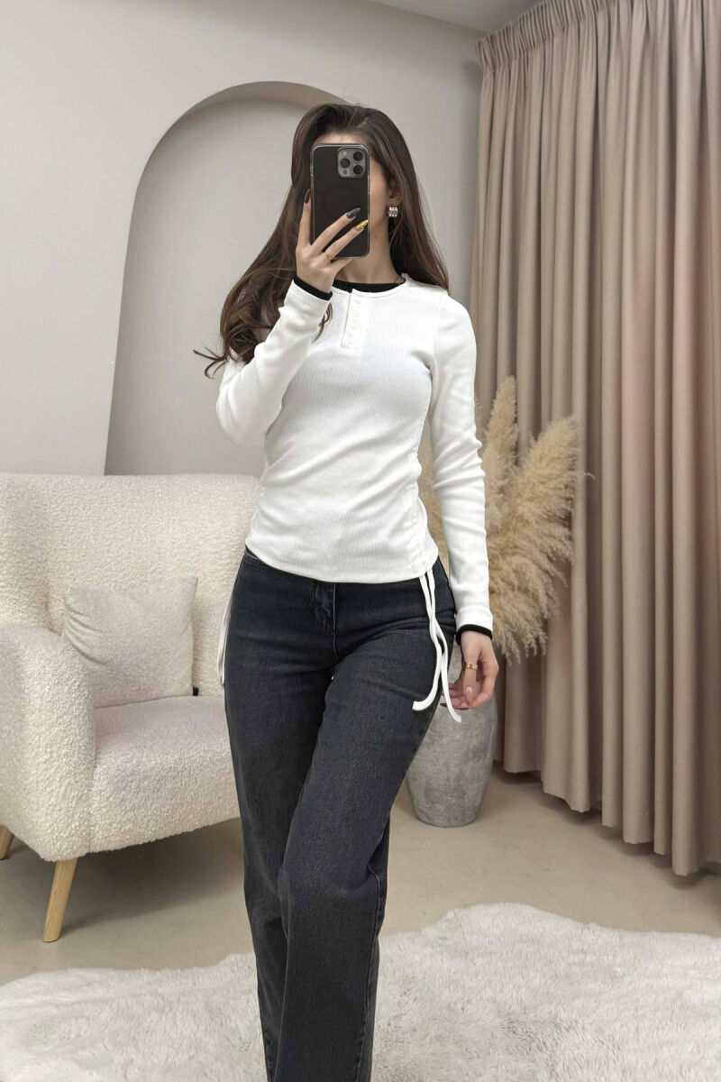 ONE COLOR SIMPLE BUTTONED NECK WOMEN SWEATSHIRT WHITE-E BARDHE - 1