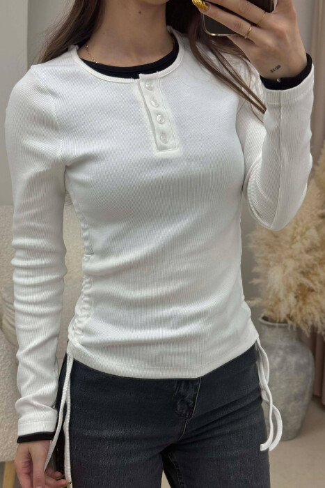 ONE COLOR SIMPLE BUTTONED NECK WOMEN SWEATSHIRT WHITE-E BARDHE - 2