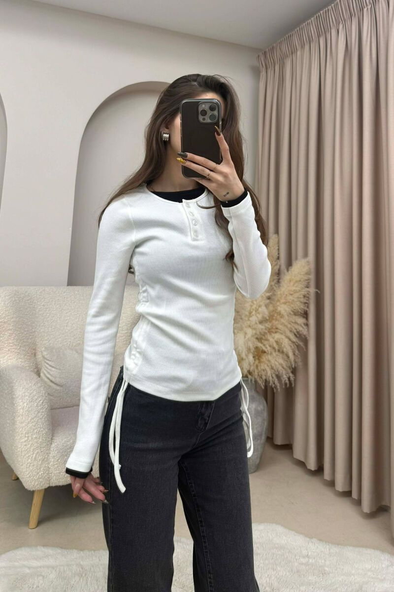ONE COLOR SIMPLE BUTTONED NECK WOMEN SWEATSHIRT WHITE-E BARDHE - 4