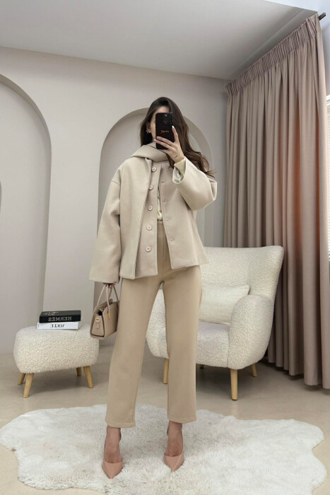 ONE COLOR SIMPLE BUTTONED WOMAN COAT WITH SCARF BEIGE/BEZHE - 4