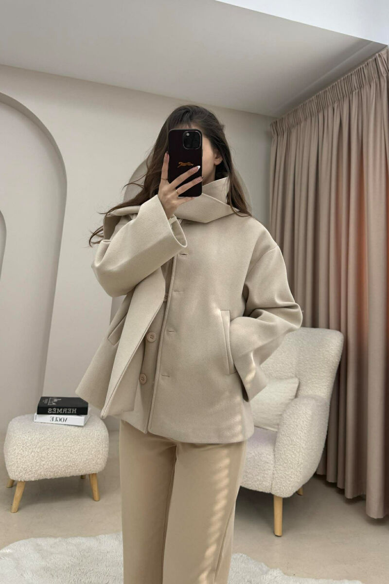 ONE COLOR SIMPLE BUTTONED WOMAN COAT WITH SCARF BEIGE/BEZHE - 5