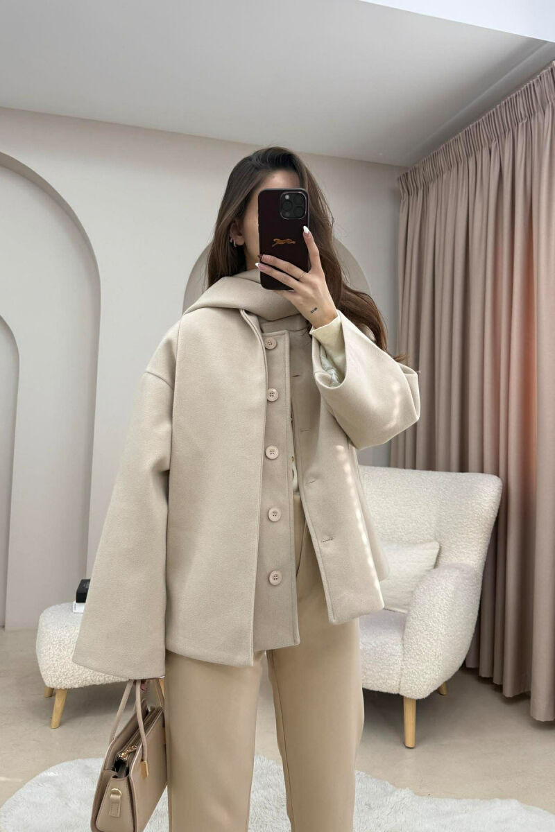 ONE COLOR SIMPLE BUTTONED WOMAN COAT WITH SCARF BEIGE/BEZHE - 3