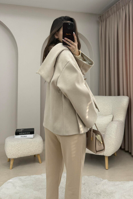ONE COLOR SIMPLE BUTTONED WOMAN COAT WITH SCARF BEIGE/BEZHE - 7