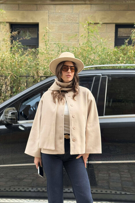 ONE COLOR SIMPLE BUTTONED WOMAN COAT WITH SCARF BEIGE/BEZHE - 1