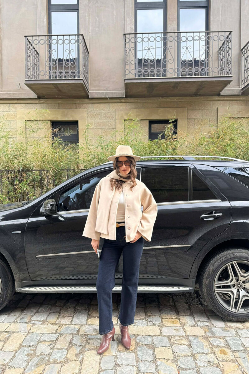 ONE COLOR SIMPLE BUTTONED WOMAN COAT WITH SCARF BEIGE/BEZHE - 2