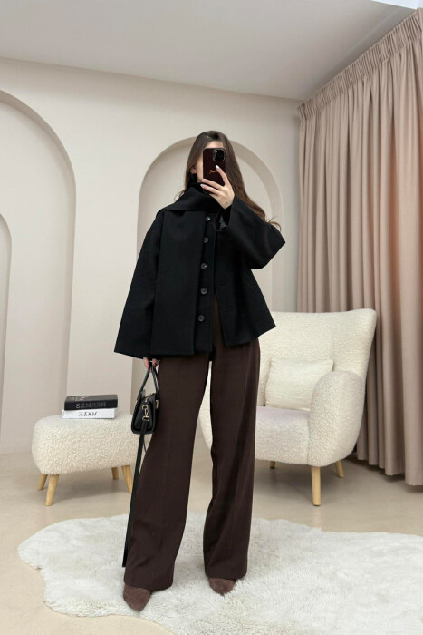 ONE COLOR SIMPLE BUTTONED WOMAN COAT WITH SCARF BLACK/ E ZEZE - 3