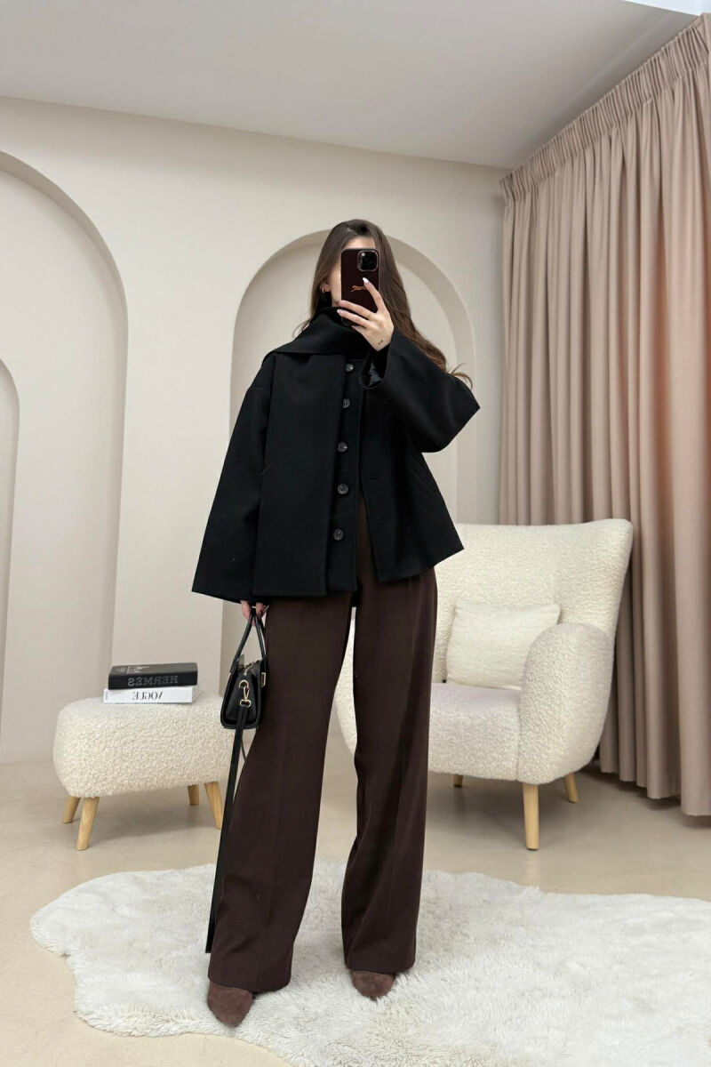 ONE COLOR SIMPLE BUTTONED WOMAN COAT WITH SCARF BLACK/ E ZEZE - 3