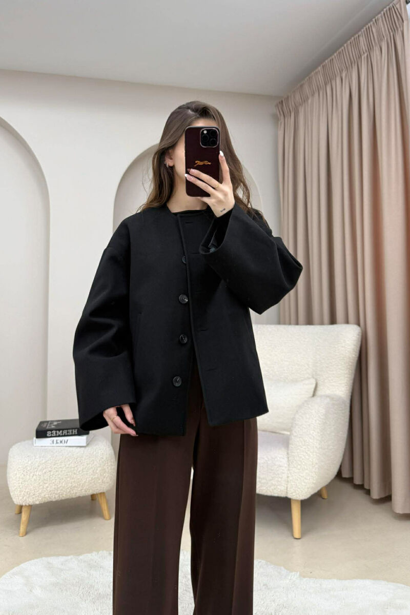 ONE COLOR SIMPLE BUTTONED WOMAN COAT WITH SCARF BLACK/ E ZEZE - 4