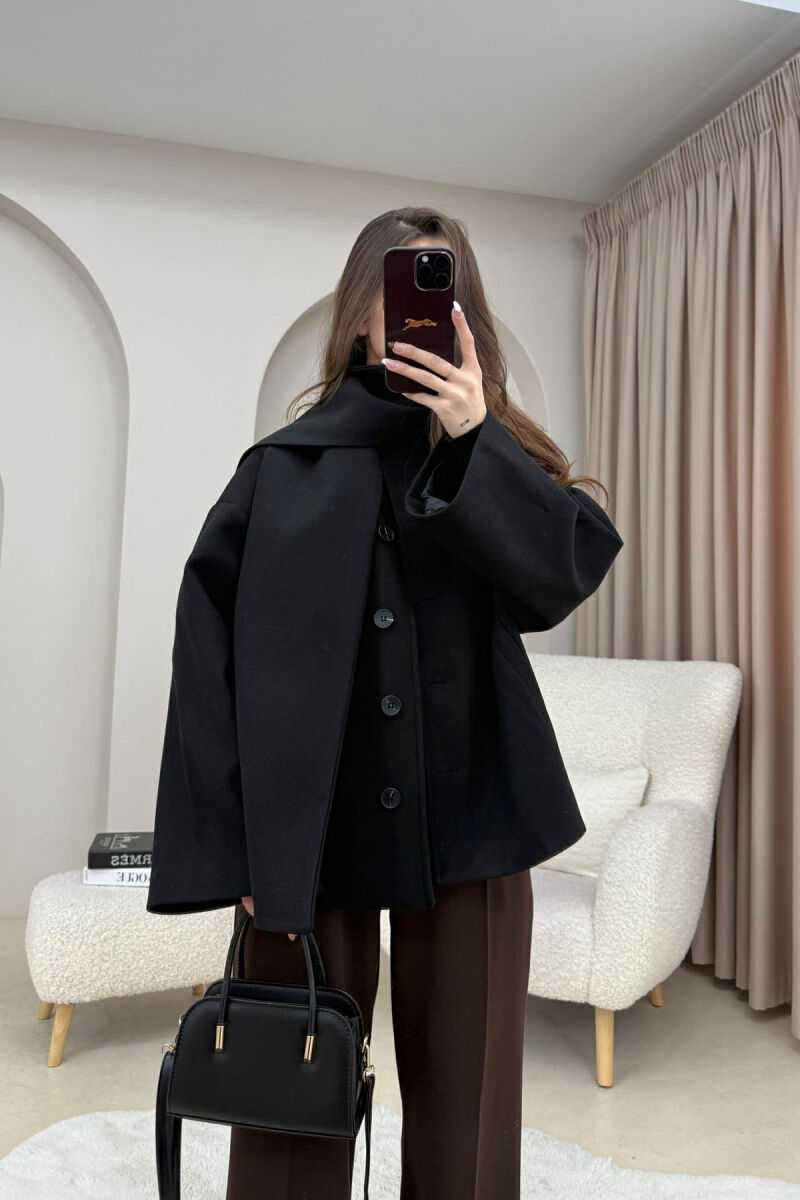 ONE COLOR SIMPLE BUTTONED WOMAN COAT WITH SCARF BLACK/ E ZEZE - 2