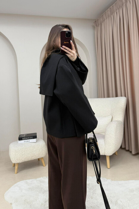 ONE COLOR SIMPLE BUTTONED WOMAN COAT WITH SCARF BLACK/ E ZEZE - 5