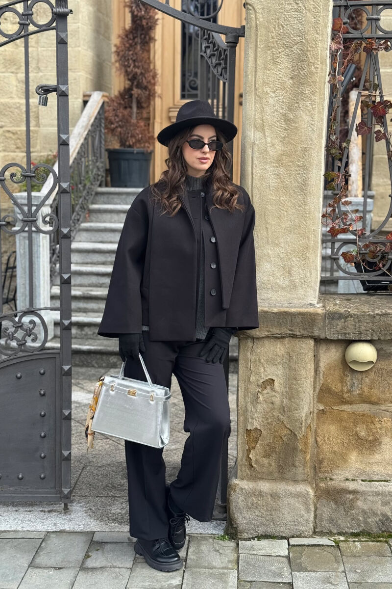 ONE COLOR SIMPLE BUTTONED WOMAN COAT WITH SCARF BLACK/ E ZEZE - 1