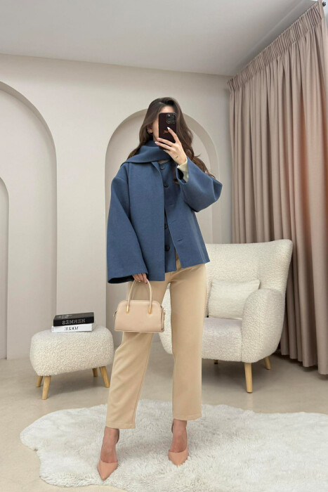ONE COLOR SIMPLE BUTTONED WOMAN COAT WITH SCARF BLUE/BLU - 4