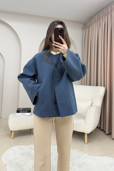 ONE COLOR SIMPLE BUTTONED WOMAN COAT WITH SCARF BLUE/BLU - 3