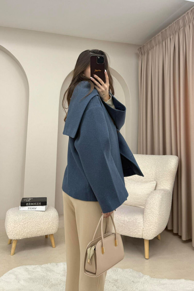 ONE COLOR SIMPLE BUTTONED WOMAN COAT WITH SCARF BLUE/BLU - 5