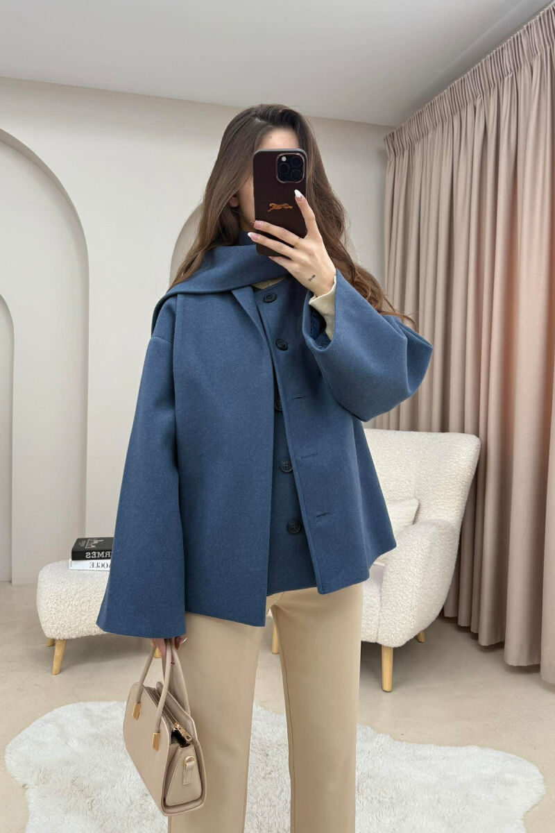 ONE COLOR SIMPLE BUTTONED WOMAN COAT WITH SCARF BLUE/BLU - 2