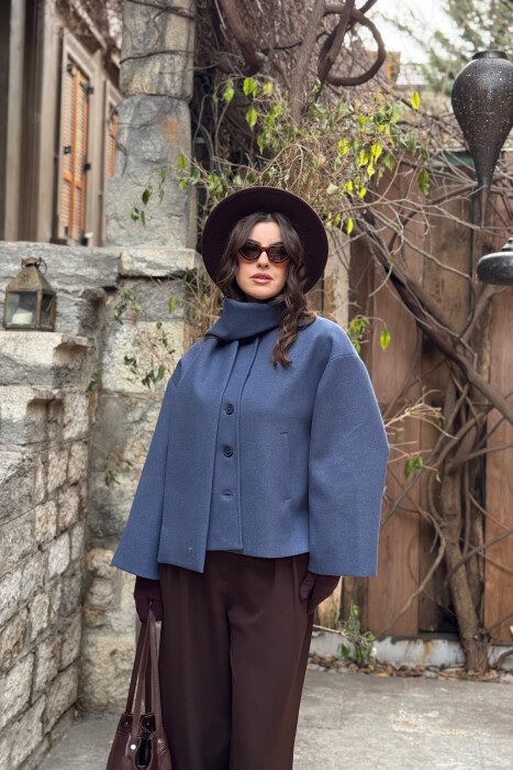 ONE COLOR SIMPLE BUTTONED WOMAN COAT WITH SCARF BLUE/BLU - 1