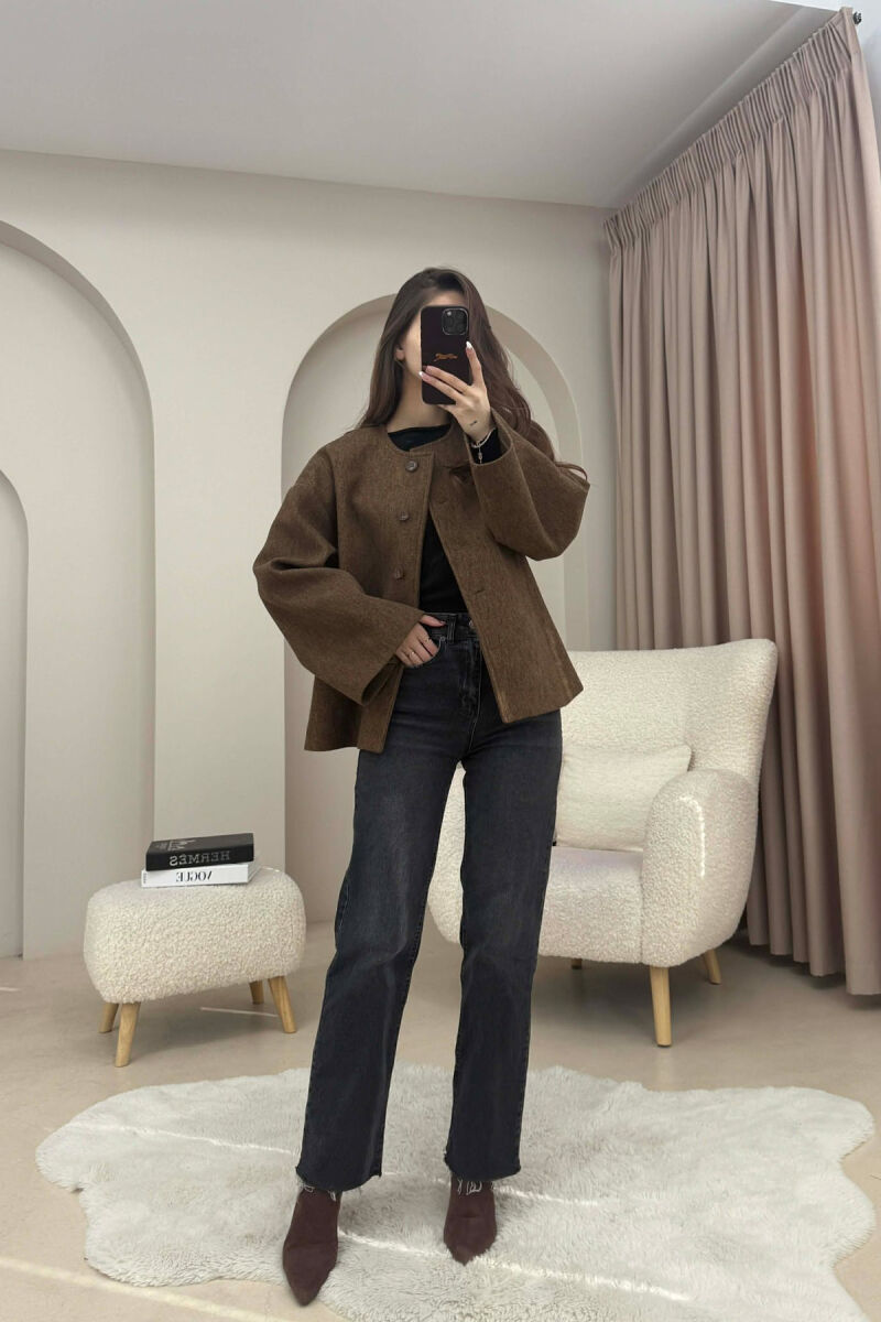 ONE COLOR SIMPLE BUTTONED WOMAN COAT WITH SCARF BROWN/KAFE - 2