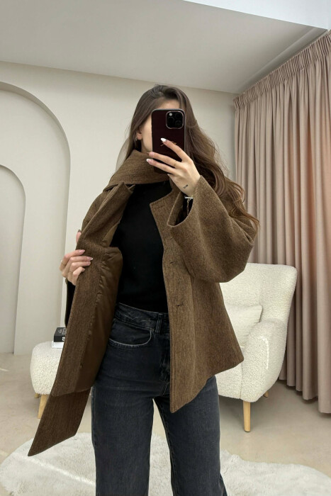 ONE COLOR SIMPLE BUTTONED WOMAN COAT WITH SCARF BROWN/KAFE - 3