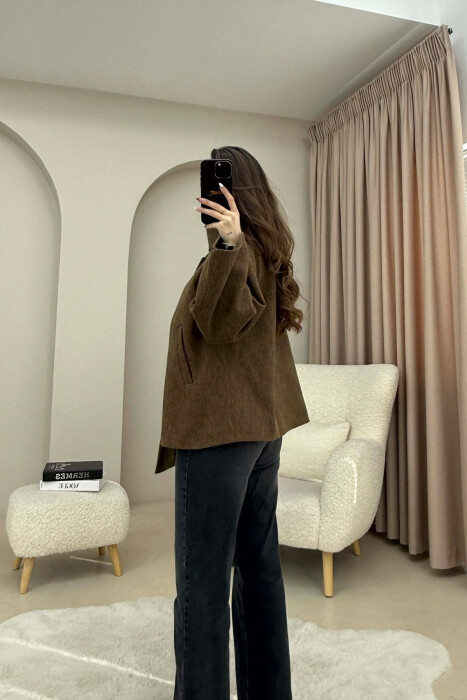 ONE COLOR SIMPLE BUTTONED WOMAN COAT WITH SCARF BROWN/KAFE - 4