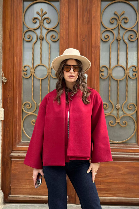 ONE COLOR SIMPLE BUTTONED WOMAN COAT WITH SCARF BURGUNDY/VISHNJE 