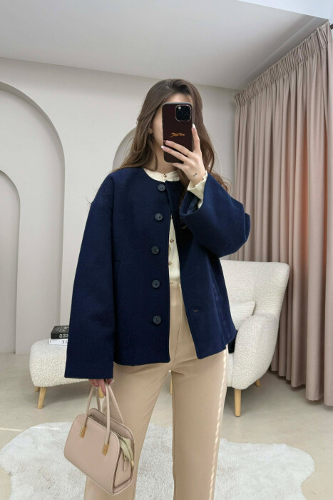 ONE COLOR SIMPLE BUTTONED WOMAN COAT WITH SCARF DARK BLUE/BEE - 2