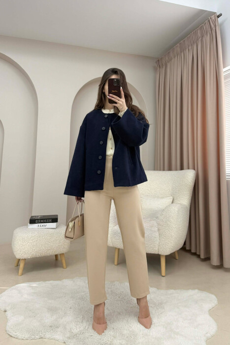 ONE COLOR SIMPLE BUTTONED WOMAN COAT WITH SCARF DARK BLUE/BEE - 5