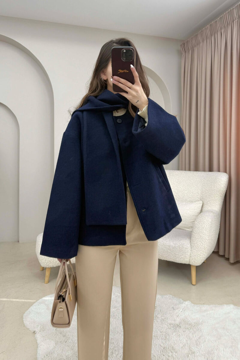 ONE COLOR SIMPLE BUTTONED WOMAN COAT WITH SCARF DARK BLUE/BEE - 4