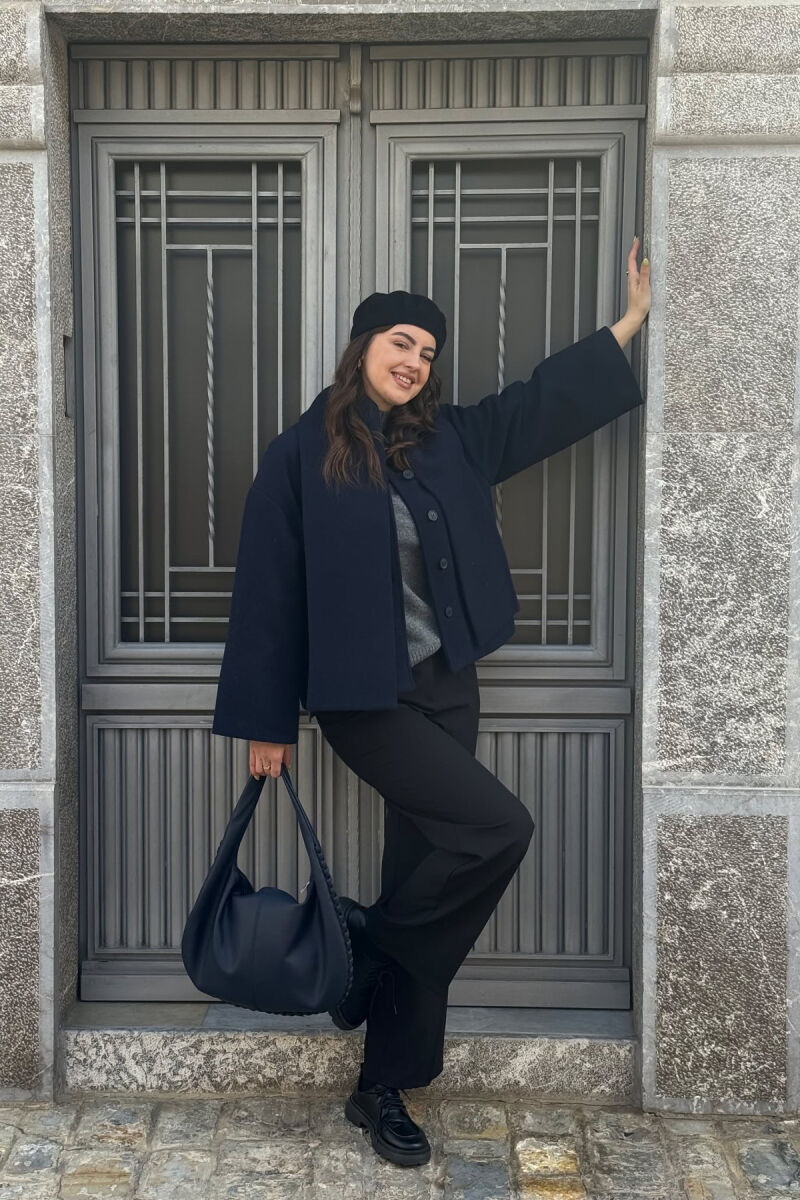 ONE COLOR SIMPLE BUTTONED WOMAN COAT WITH SCARF DARK BLUE/BEE - 1