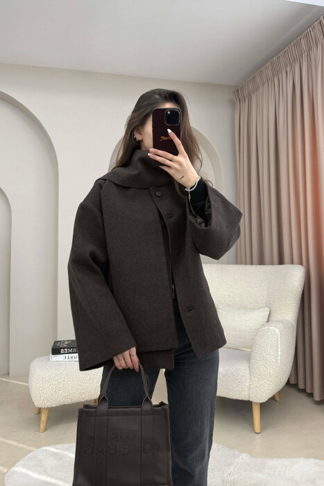 ONE COLOR SIMPLE BUTTONED WOMAN COAT WITH SCARF DARK BROWN/KAFE ERRET 