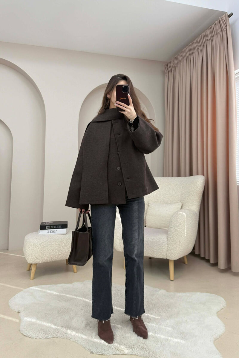 ONE COLOR SIMPLE BUTTONED WOMAN COAT WITH SCARF DARK BROWN/KAFE ERRET - 2