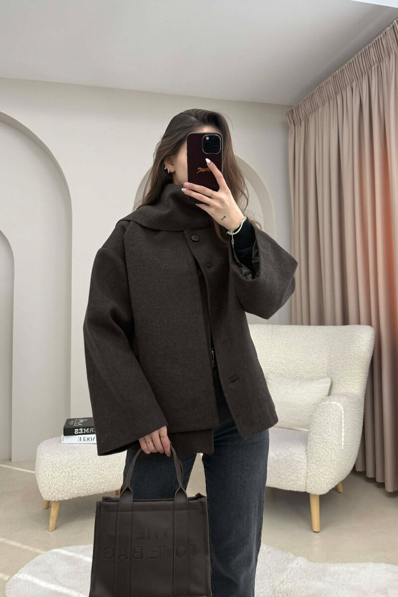 ONE COLOR SIMPLE BUTTONED WOMAN COAT WITH SCARF DARK BROWN/KAFE ERRET - 1